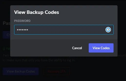 Discord Password confirmation dialog before viewing Backup Codes.